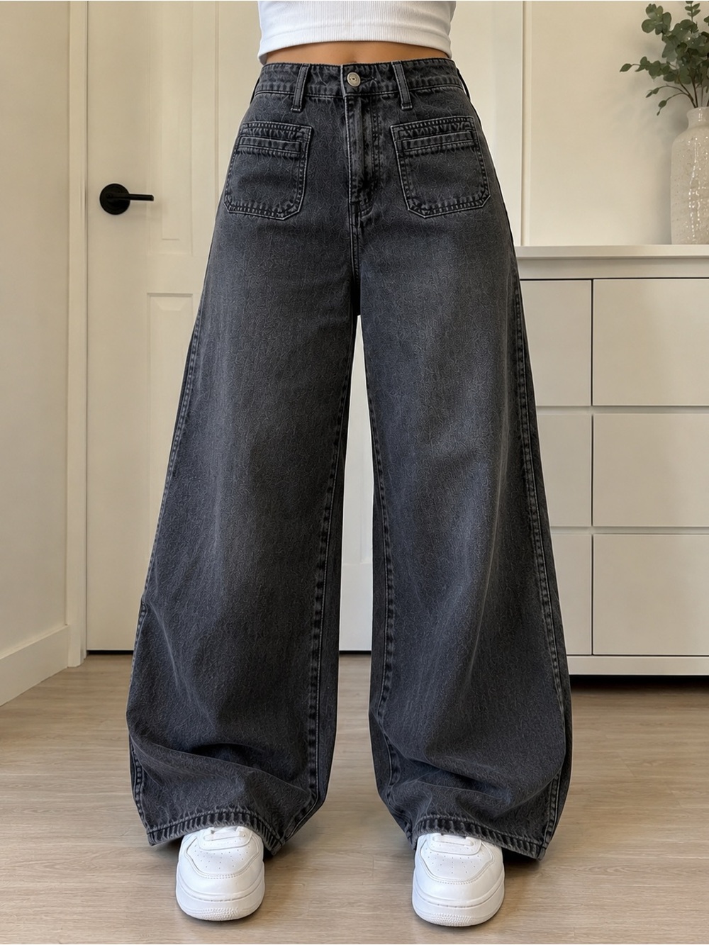 Baggy Wide Leg Jeans Old Navy High Rise Black Wash Size 10 Petite